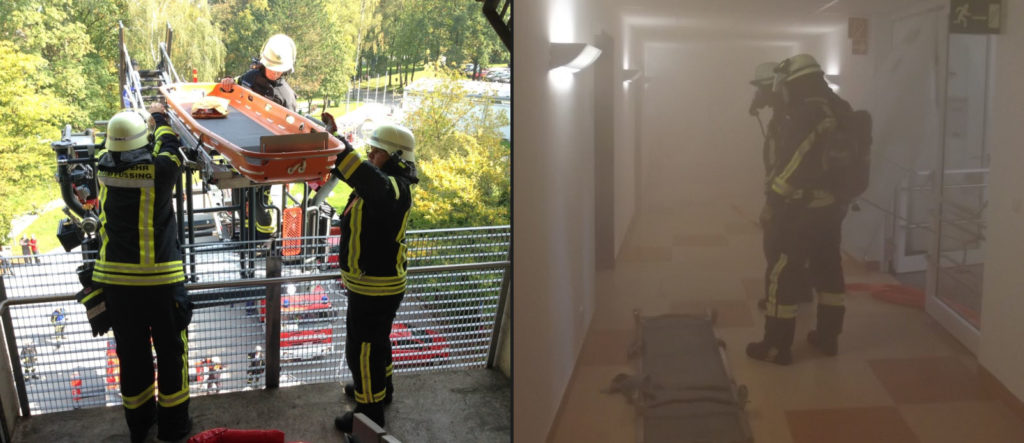 Übung unter Realbedingungen am Krankenhaus Rotthalmünster: Die Feuerwehr Bad Füssing bei einer Rettung aus dem vierten Stock (links), währenddessen sind im Gebäude die Atemschutzträger der Feuerwehr Rotthalmünster im Einsatz (rechts).